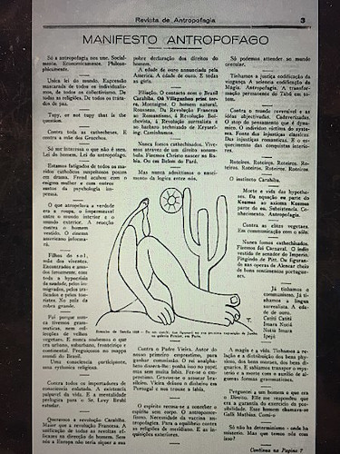 Manifesto Antropófago, de Oswald de Andrade, publicado na Revista de Antropofagia, com ilustração do Abaporu, de Tarsila do Amaral.
