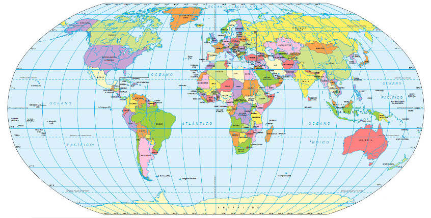 Mapa-múndi ou mapa do mundo com a identificação dos países. Fonte: IBGE. [1]