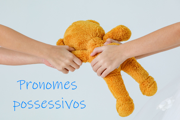 Duas mãos disputando um urso de pelúcia; pronomes possessivos indicam ideia de posse. Duas mãos disputando um urso de pelúcia; pronomes possessivos indicam ideia de posse.