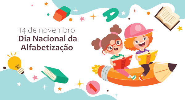 Ilustração de duas crianças em cima de um lápis em referência ao Dia Nacional da Alfabetização. Ilustração de duas crianças em cima de um lápis em referência ao Dia Nacional da Alfabetização.